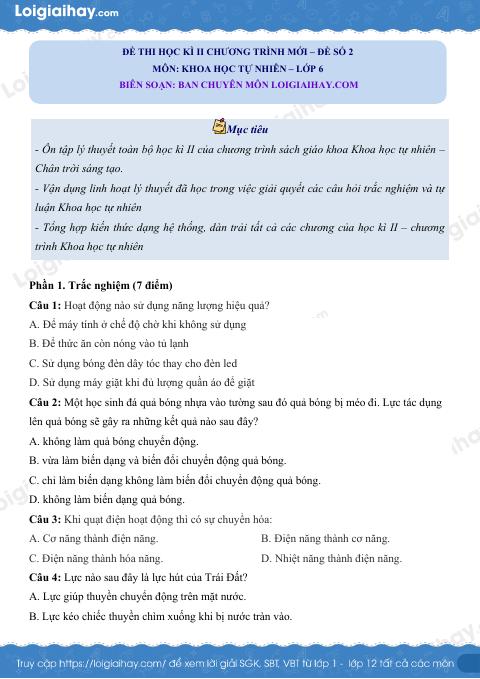 Đề thi học kì 2 KHTN 6 Chân trời sáng tạo - Đề 2